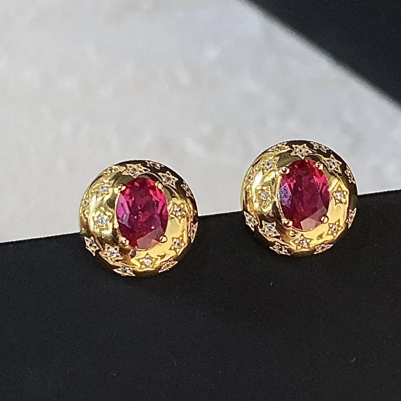 Vintage Red Glossy Exquisite Star Earrings for Women Gem Series Ruby Light Luxury Earings Stud Banquet Jewelry