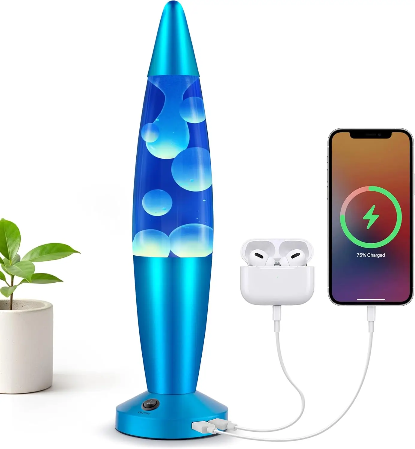 

16-дюймовая лампа движения с синим жидким воском, USB-портами для зарядки для спальни, гостиной, офиса — расслабляющий ночник для всех возрастов