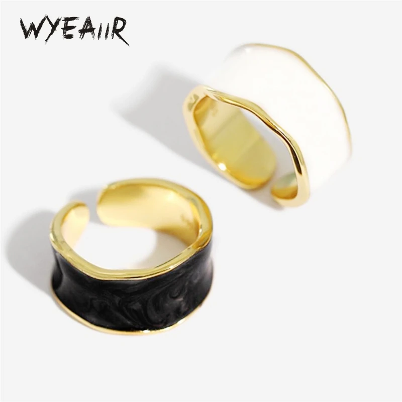 

WYEAIIR стерлингового серебра 925 пробы, черно-белая капельная глазурь, волнистая геометрия, ювелирные изделия, женское кольцо с отверстием изменяемого размера