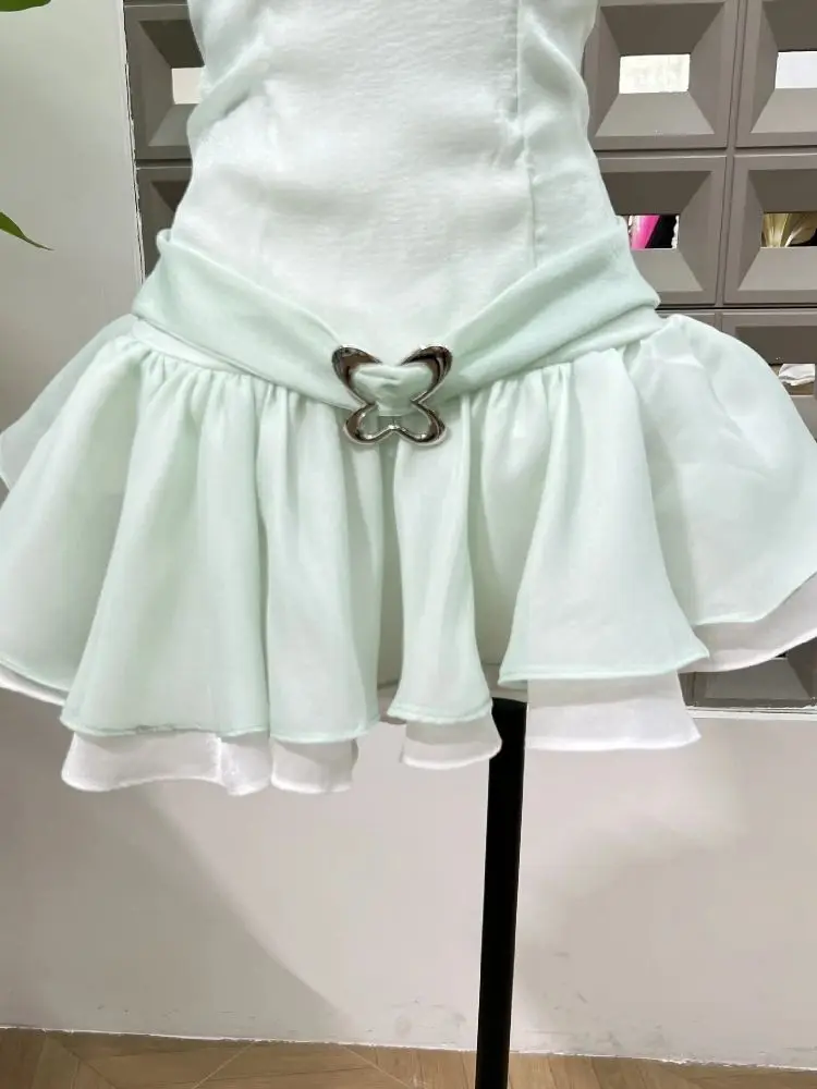 2025 robes d'été femmes Patchwork sans manches vert menthe Spaghetti mode nouvelle tenue vêtements fête d'anniversaire robe de danse chaude