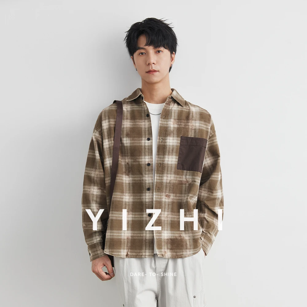 

Fashion Men's Long Sleeve Shirt Spring New Style Japanese Trendy Brand Patchwork Color Plaid Pattern Casual Outerwear Coat