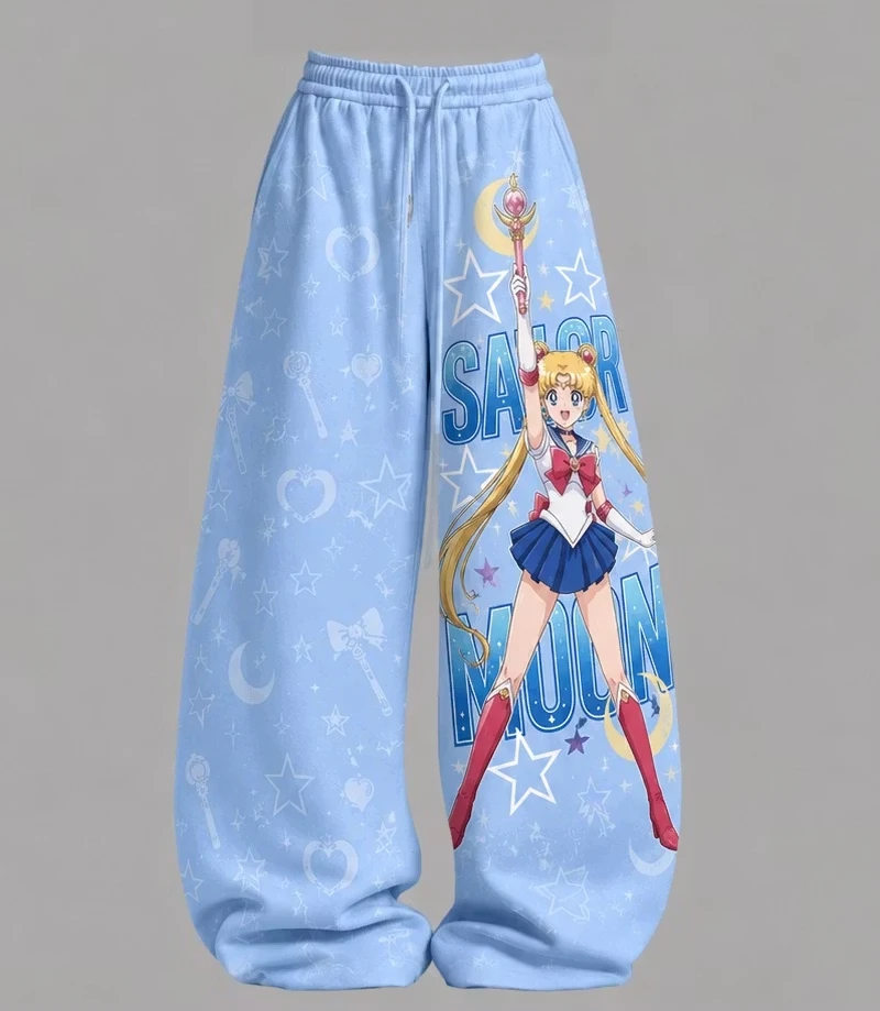 Anime Sailor Moon, farbenfroh bedruckte, weit geschnittene Hose mit hoher Taille und Kordelzug, lockere Freizeit-Sweatpants, Mädchenstil, lässige Shorts. – Detail 5