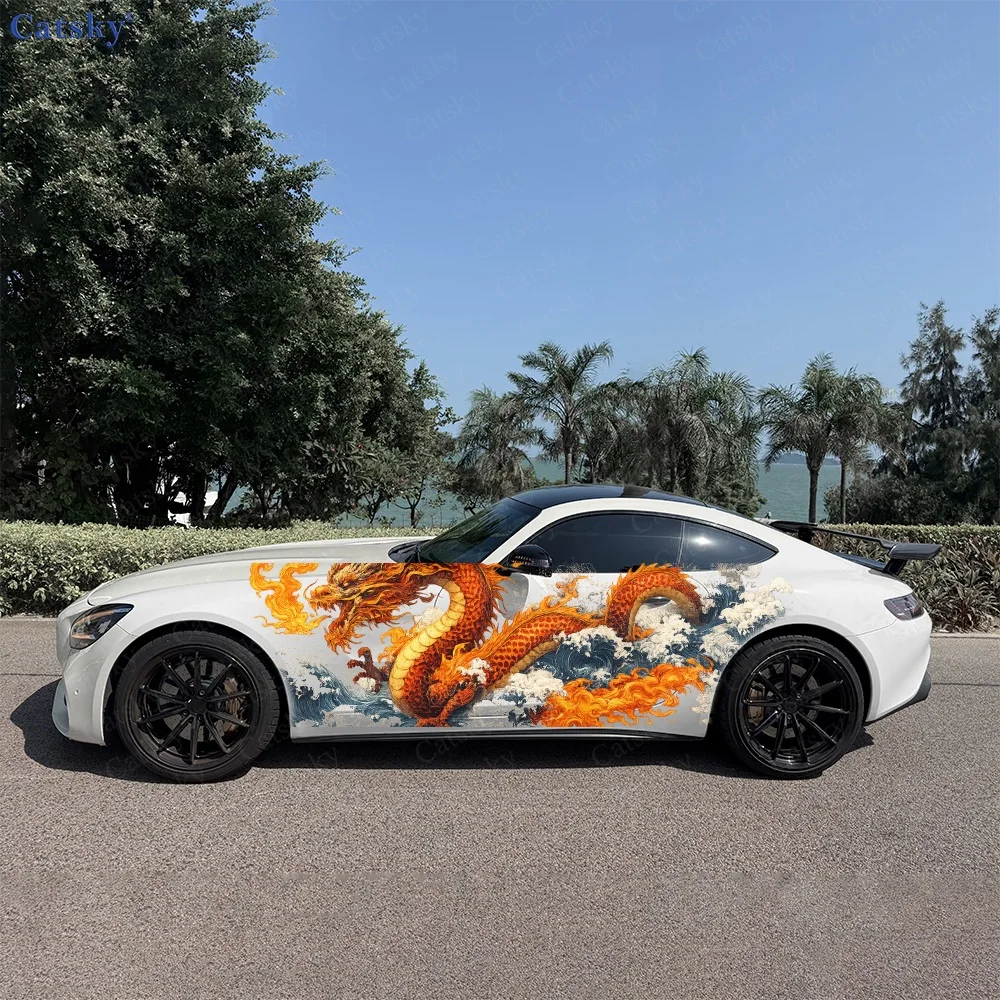 2Pcs Orange Red Abstract Paint Streaks Car Body Side Stickers, Automotive Door Side Graphics for Cars, Car Decoration Accessory