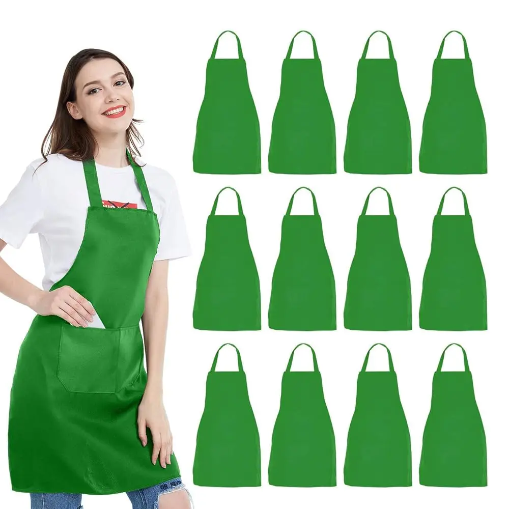 

12 Pack Bib Apron - Unisex Black Apron Bulk with 2 Roomy Pockets Machine Washable for Kitchen Crafting BBQ Drawing