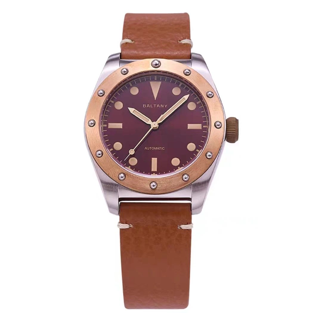 Baltany Men Automatic Watch 40mm Pilot Mechaical Wristwatch Bronze Bezel Sapphire Mirror 20Bar Waterproof C3 Luminous NH38
