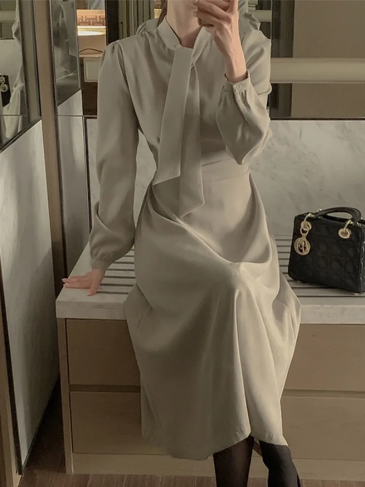 

Женское платье East Gate 2025: осеннее, винтажное, с драпировкой, поясом, эффектом похудения, рукавами-фонариками, для офиса, стандартный крой, средней мягкости