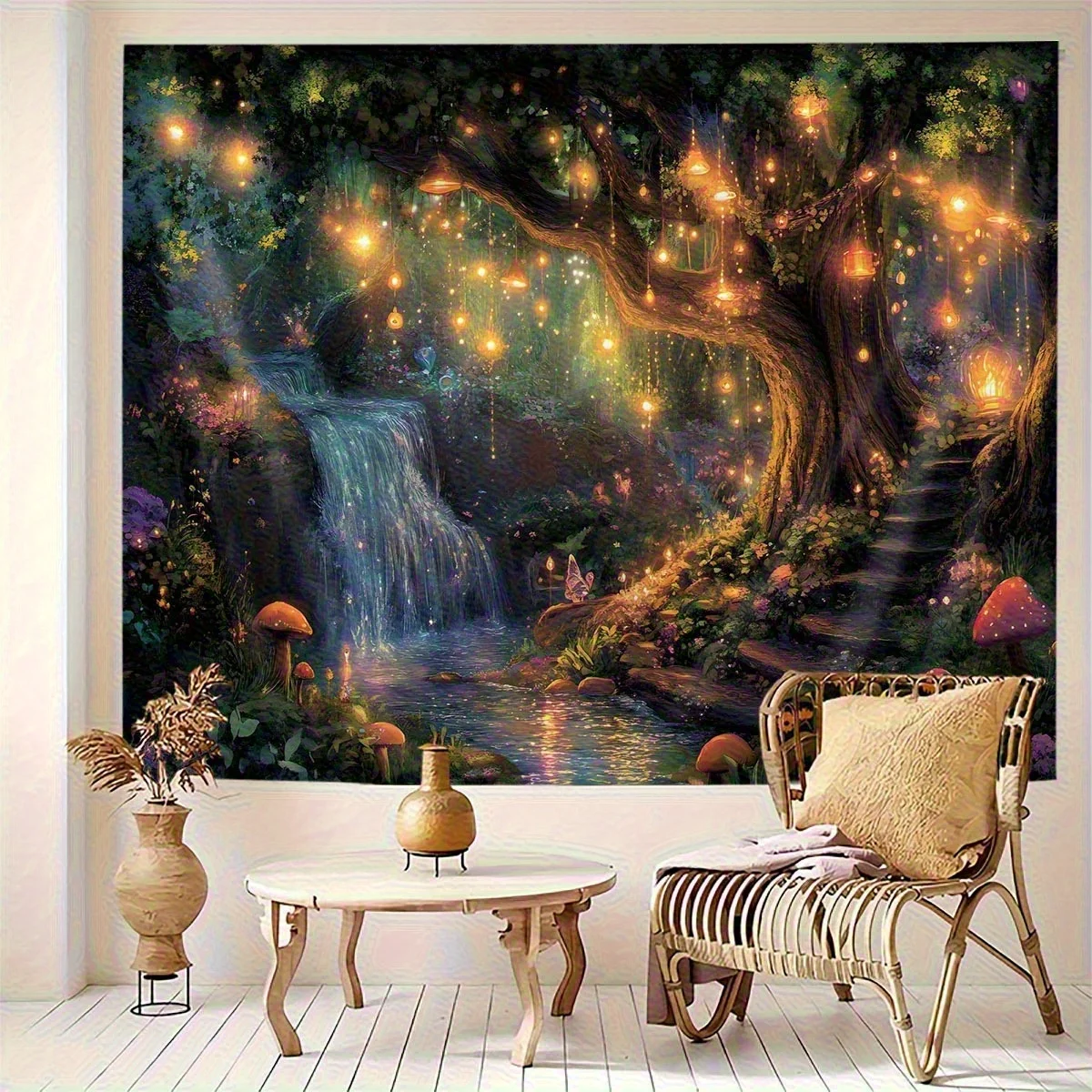 Enchanted Forest with Glowing Lanterns Waterfall and Mushrooms Wall Tapestry 2D Flat Print Fantasy Art Nature Decor Boho Style
