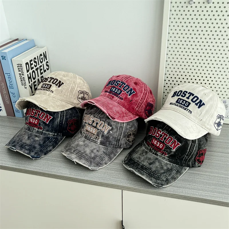 Vintage Washed Cowboy Baseball Cap For Men Women Boston Embroidery Sun Cap Casual Snapback Hip Hop Hat Curved Brim Soft Top Hat