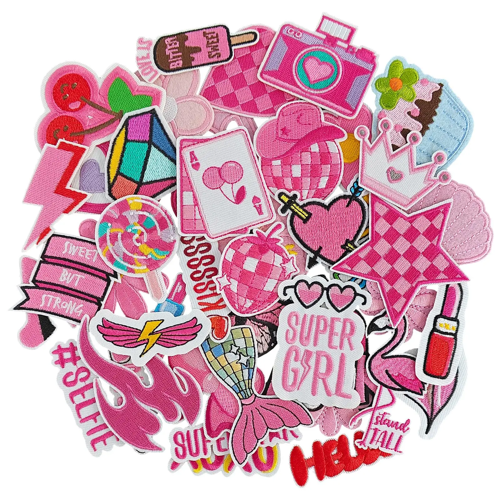 45PCS Preppy Pink Girl Iron on Embroidered Patch Super Girl Embroidered Appliques