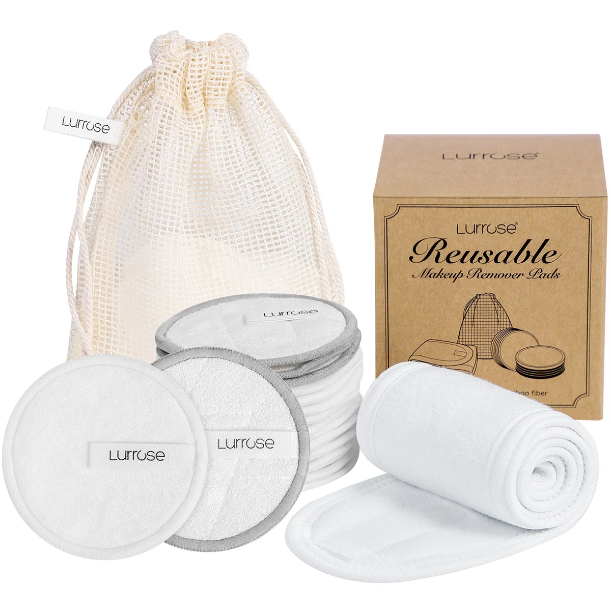 Lurrose 18 unids/pack eliminación de maquillaje reutilizable cara cuerpo algodón cosméticos removedor almohadillas con diadema bolsa de almacenamiento