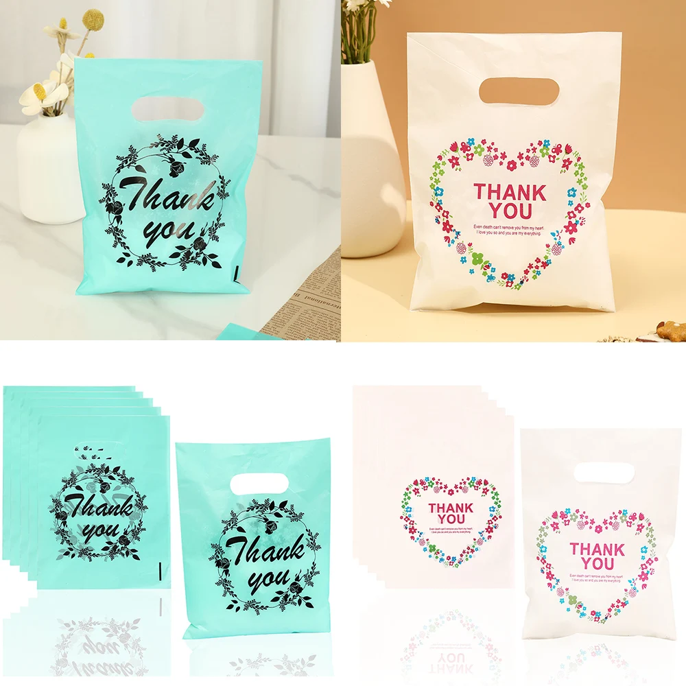 100Pcs/Pack Thank You Patterned Gift Bag With Plastic Handle,Plastic Gift Bag,Perfect for Mother's Day, Parties,  Holidays