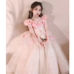 Girl's Pink Host's Dress Princess Dress Children High-End Affordable Luxury Niche Flower Girl Piano Playing Performance Costume