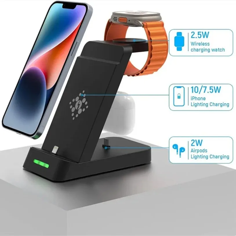 حامل شاحن لاسلكي 3 في 1 لهاتف iPhone 16-12 X Samsung S24 S23 S22 قاعدة شحن سريعة لهاتف Galaxy/Apple Watch AirPods