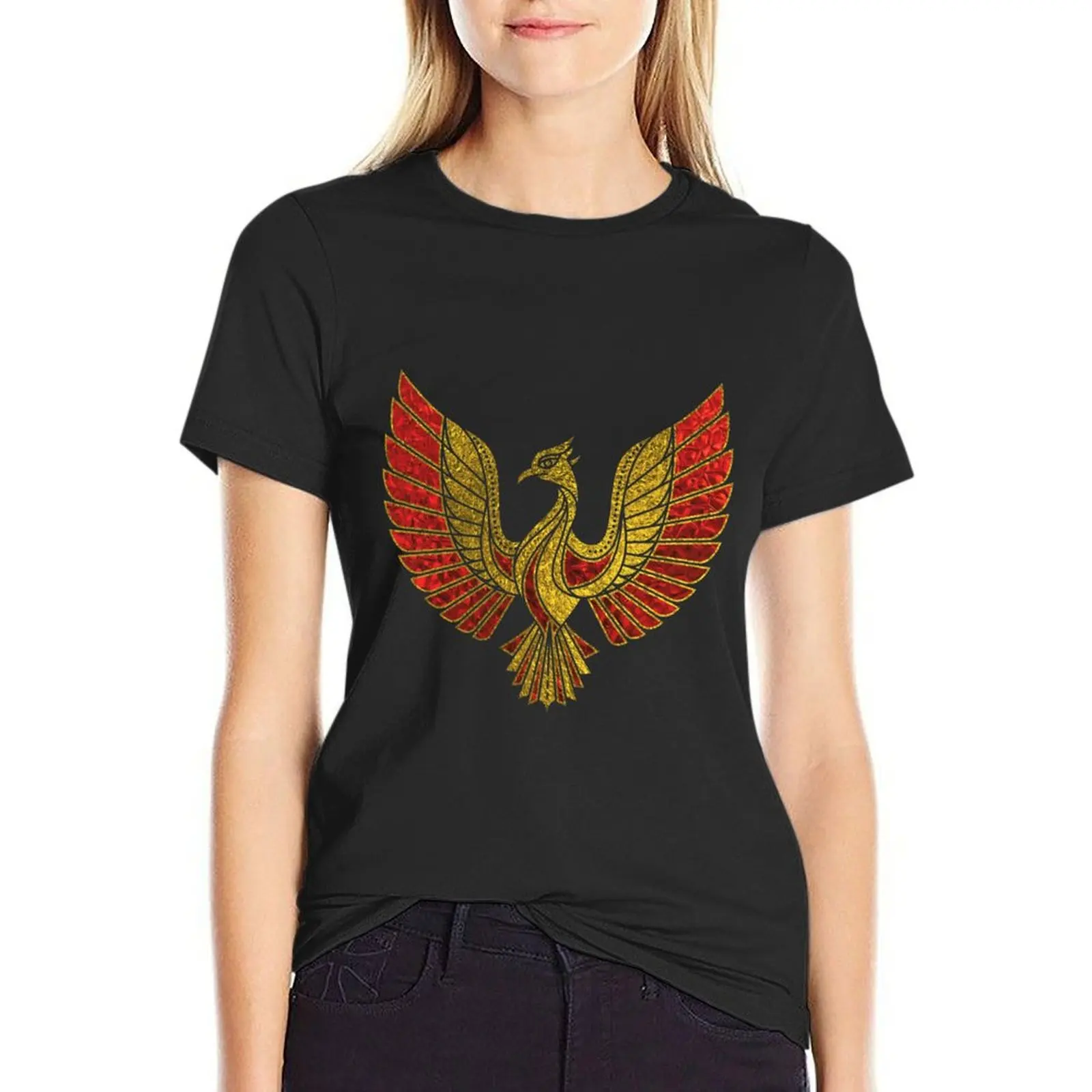 Gold and red Decorated Phoenix bird symbol T-Shirt tees graphics kawaii clothes hippie clothes Women clothes