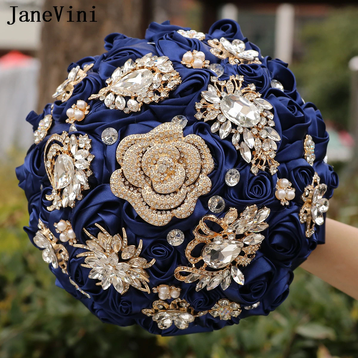 JaneVini Sparkly Gold Jewelry Bride Wedding Bouquet Mariee Navy Blue Luxury Crystal Rhinestone Bridal Bouquet Flowers Wedding