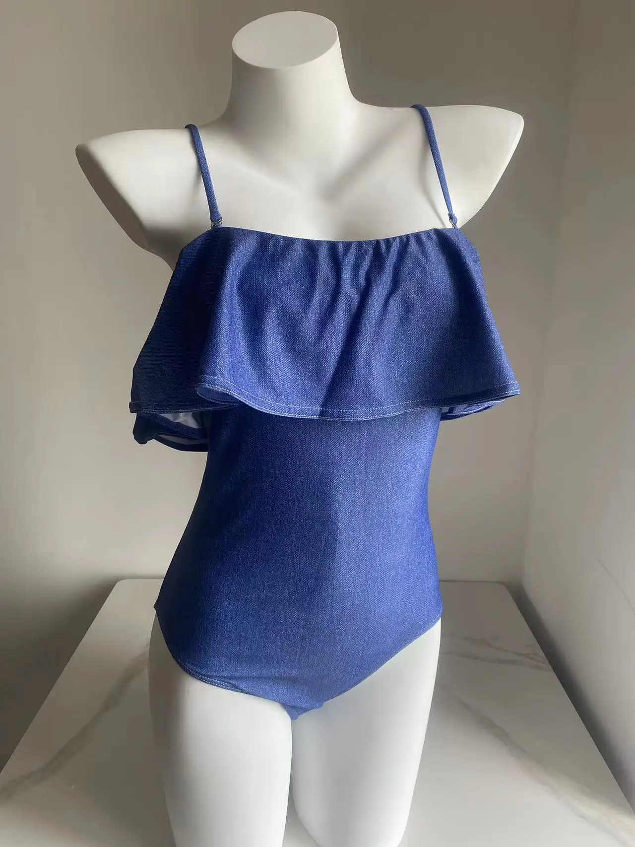 

Denim Flounce Off Shoulder Swimsuit Women Sexy Bodysuit Monokini Swimwear Ruffle One Piece Swimsuit Bathing Suit