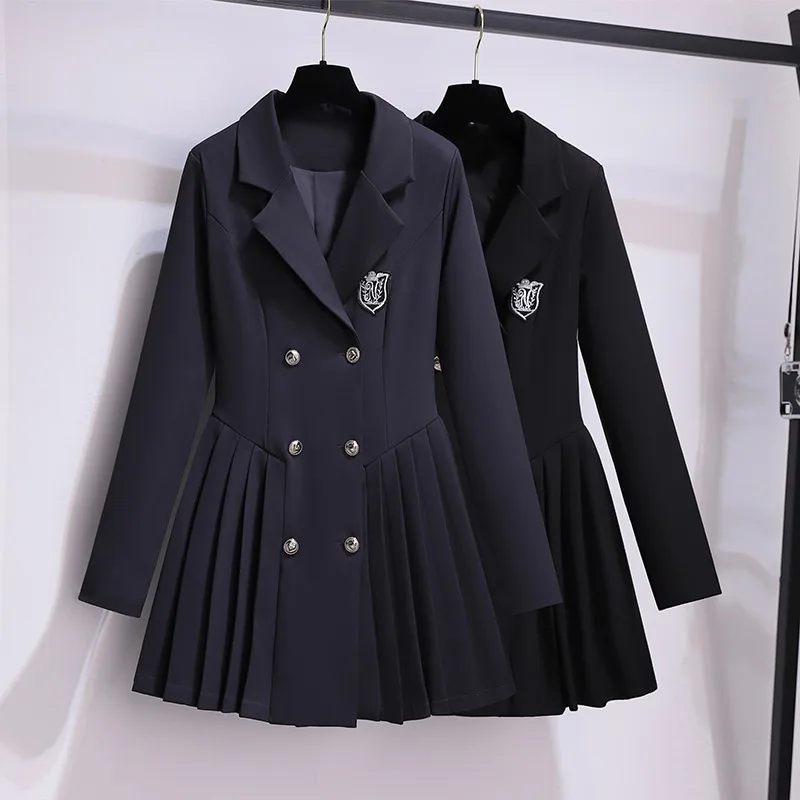 Academy Trench Coat Spring and Autumn Coat Waist Jk Uniform Coat Hepburn Black Dress Sexy Pleated Dress