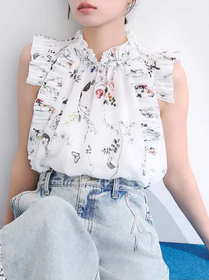 

Elegant Fashionable Floral Print Pleated Shirt Spring Summer New Arrival Women's Loose Fit Polyester Fiber Sleeveless Blouse