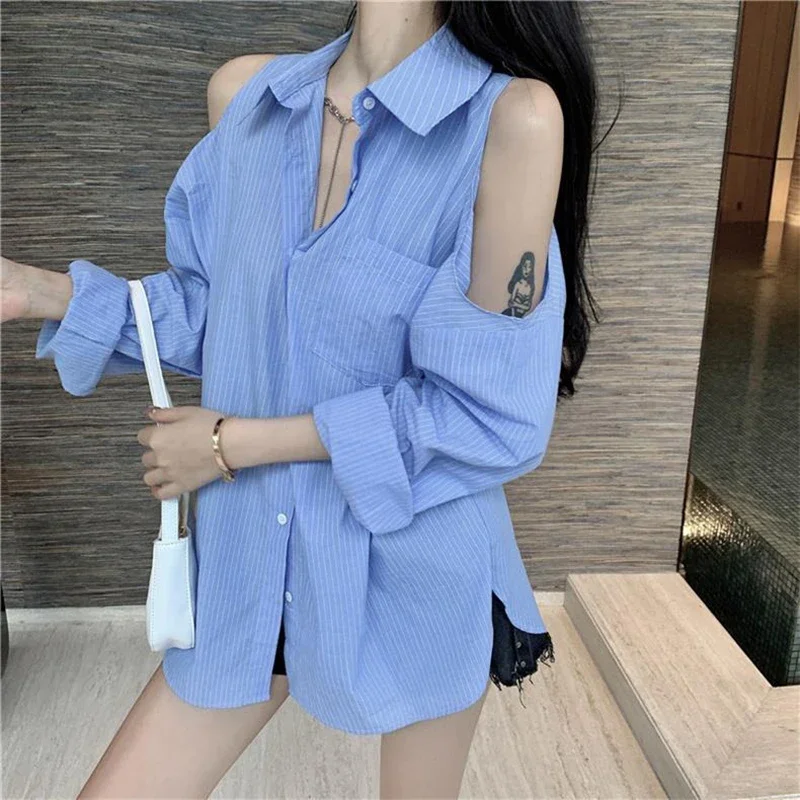 Vintage Off Shoulder Women Striped Shirt Casual Korean Loose Hollow Out Blouse Long Sleeve Simple Fashion Design Spring Tops