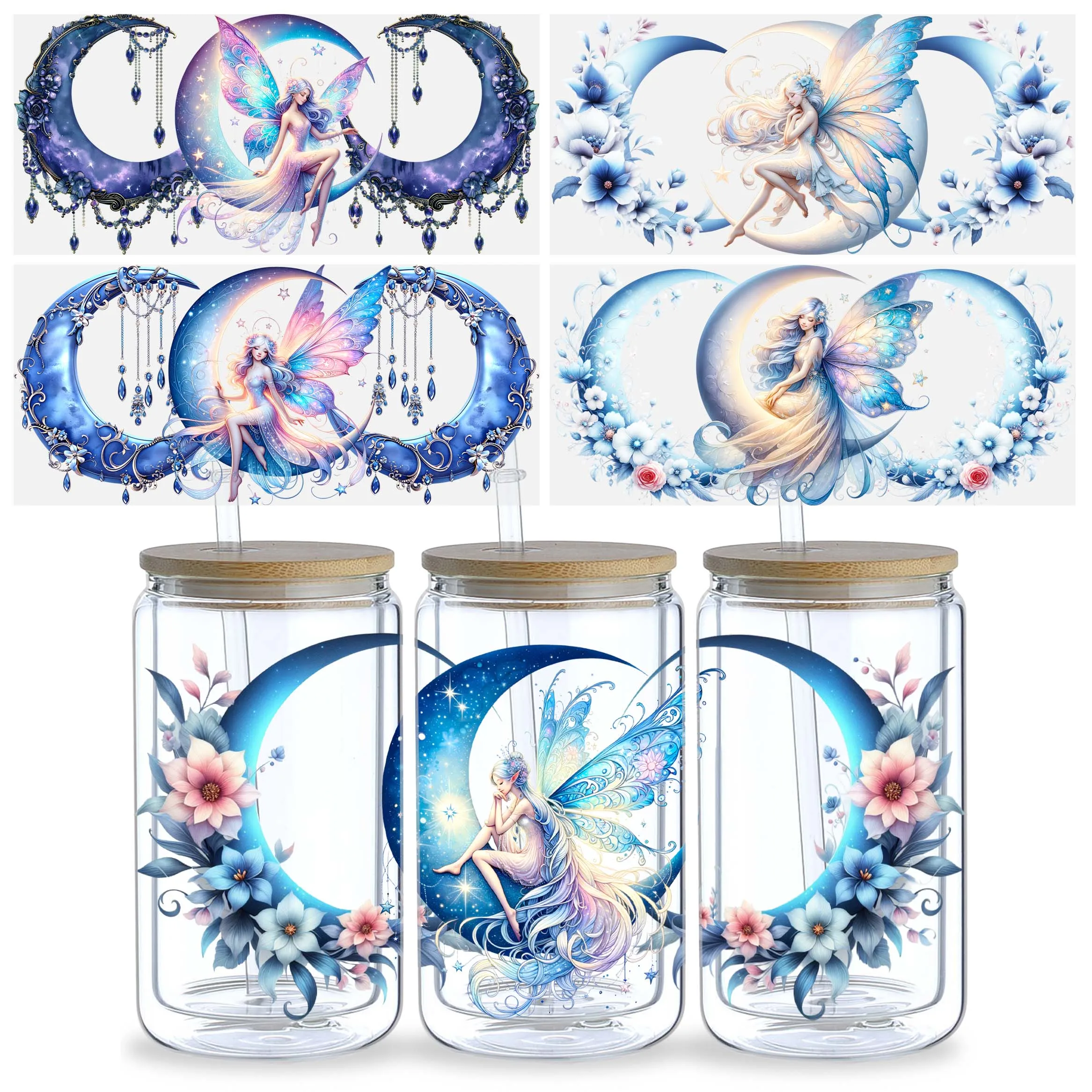 5 Sheets Moon Fairy UV DTF Cup Stickers, Waterproof Magic Moon Fairy Wipeable Transfer Paper for 16 Ounces Glass Cups