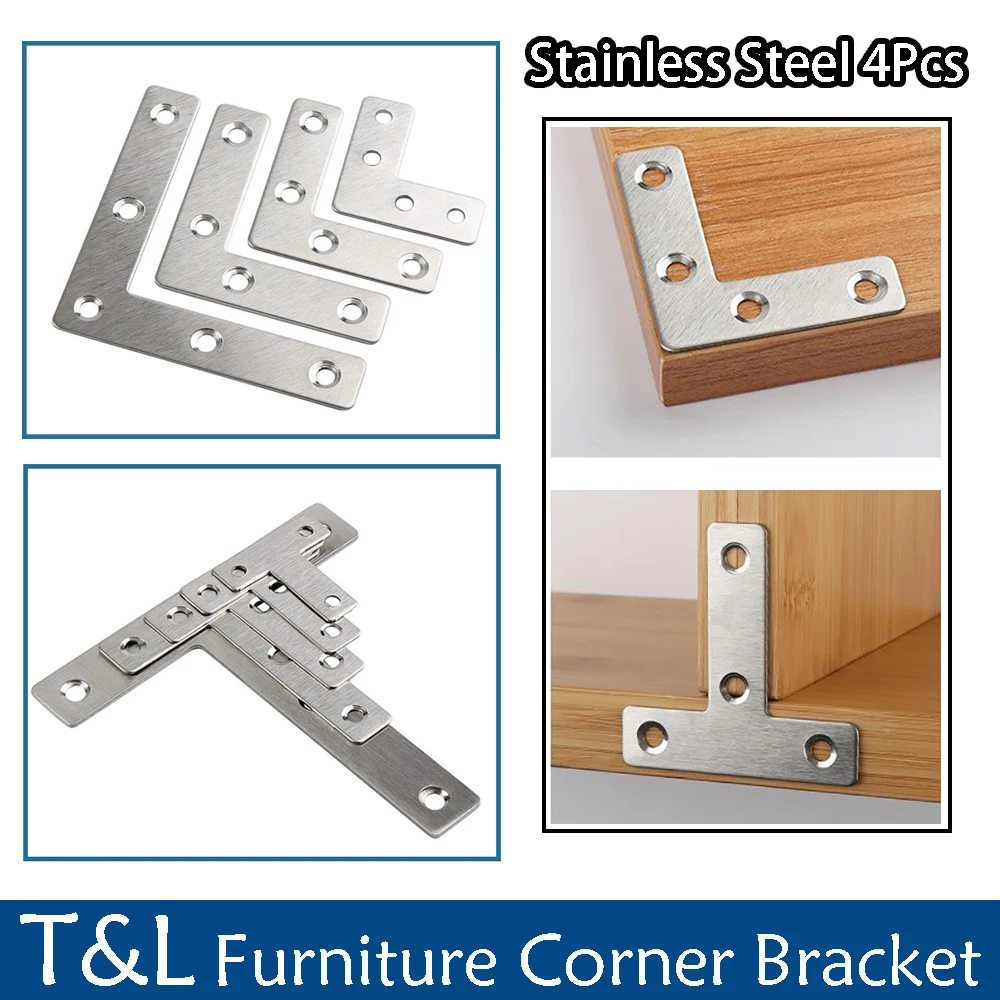 4Pcs Thickened Stainless Steel T/L Furniture Corner Code Angle IronAngle Bracket Wooden Board Splicing Layer Plate Connector