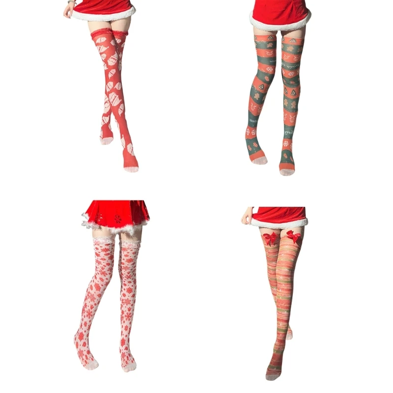 

Women Christmas Patterned Thigh High Stockings Holiday Themed Silk Over Knee Long Socks with Ruffle Lace Trim Lingerie Hosiery