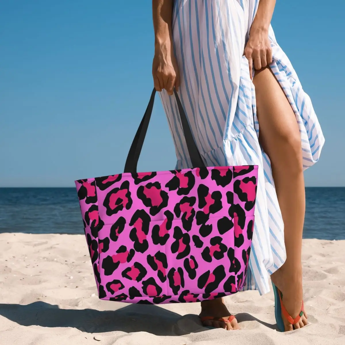 Neon Pink Leopard Print Cheetah Pattern Beach Tote Bag Sport Gym Yoga Duffle Large Tote Bag Women Travel Bag Fitness bag