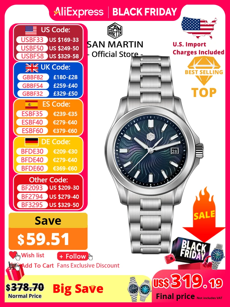 

San Martin Official 39mm Guilloche MOP Dial Gada Watch Miyota 9015 Luxury Men's Automatic Mechanical Watches 10 ATM reloj SN0150