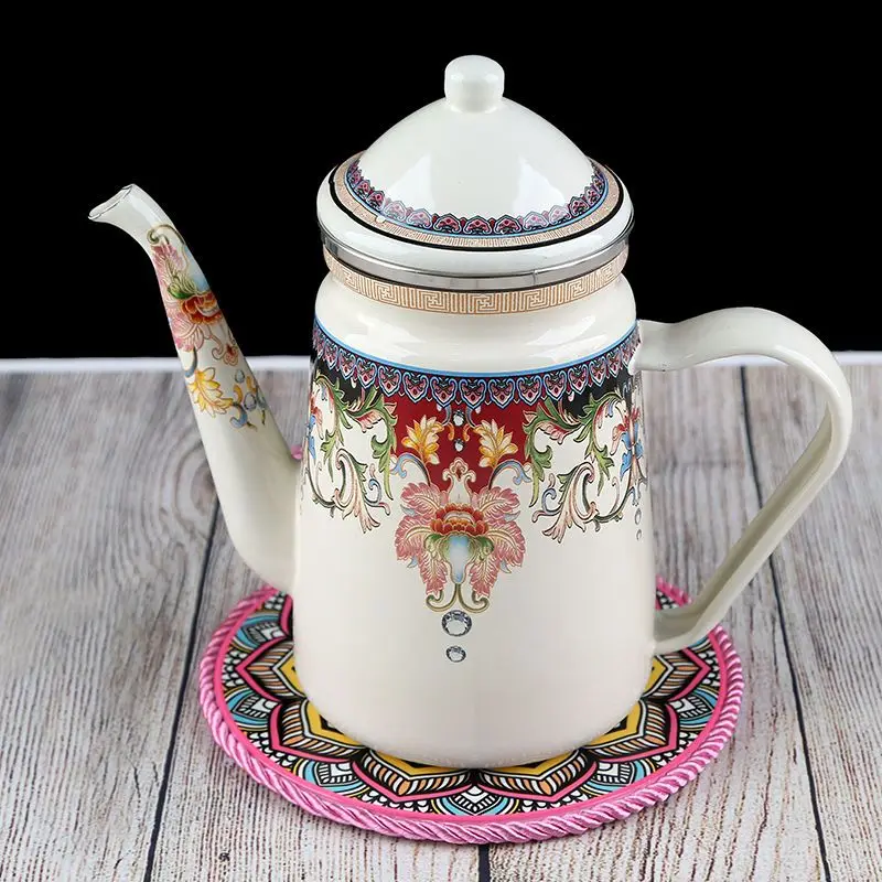 1.2L Heatable Enamel Pot Household Teapot Coffee Pot Fruit Teapot Ethnic Style Kitchen Restaurant Enamel Cup