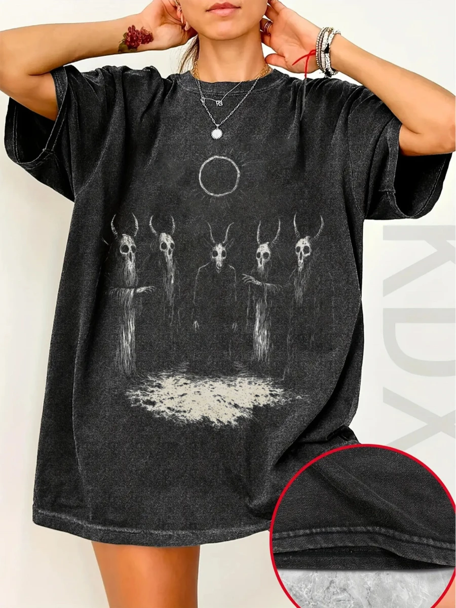 A Folk Horror Shirt Featuring Gothic Mysterious Rituals, A Dark Cottagecore T-Shirt Design, Vintage Street Style Short-Sleeve
