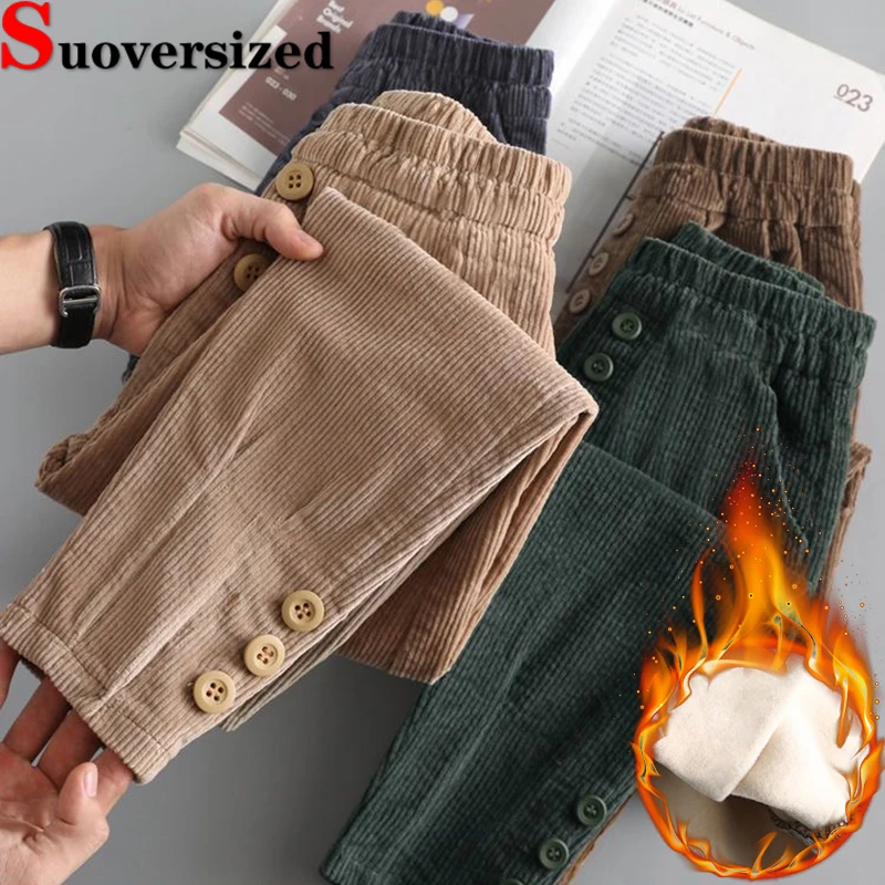 Pantalones Harem de pana forrados de terciopelo para invierno, Pantalones holgados y cálidos de gran tamaño 4x para mujer, Pantalones elásticos de cintura alta informales gruesos Spodnie