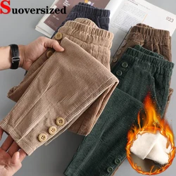 Pantalones bombachos de pana forrados de terciopelo para mujer, Pantalones holgados de gran tamaño, cálidos, elásticos, de cintura alta, informales, gruesos, Spodnie, Invierno