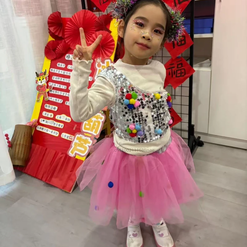 Детский костюм для выступлений, джазовый танец, пышная юбка принцессы, танцевальный фестивальный костюм для детского сада с головным убором