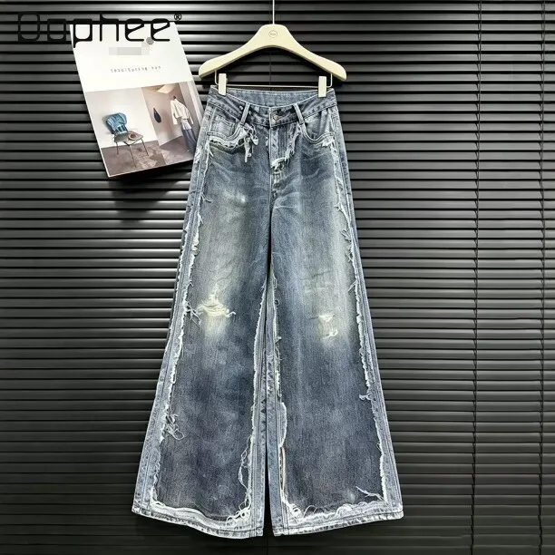 

2026 Summer New American High Street Retro Wide-leg Jeans Women's Loose High Waist Slim Old Rough Edge Trendy Loose Trousers