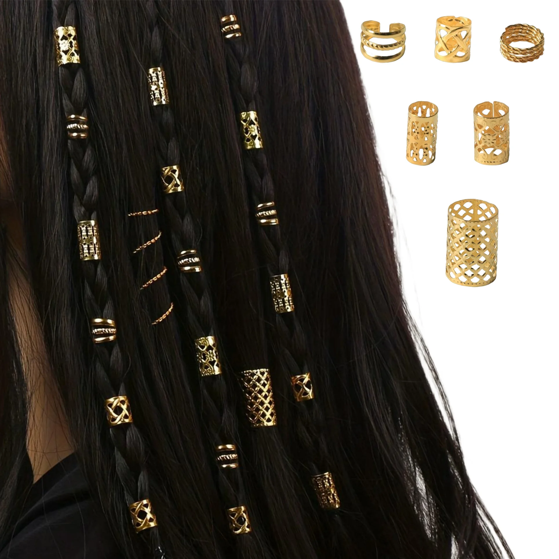 

90pcs Hollow Braids Hair Rings Golden Metal Dreadlock Hair Cuff Pins Different Length Hair Rings For Women Girls