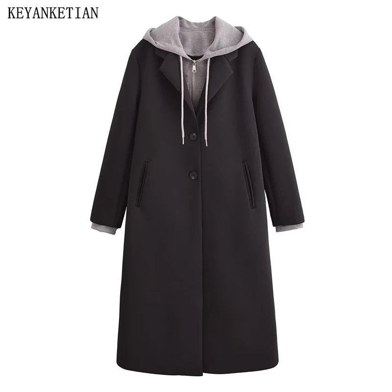 

KEYANKETIAN 2024 Winter New Women's Detachable Hooded Coat Unisex style Patchwork Decoration Thick Long Greatcoat Outerwear Top