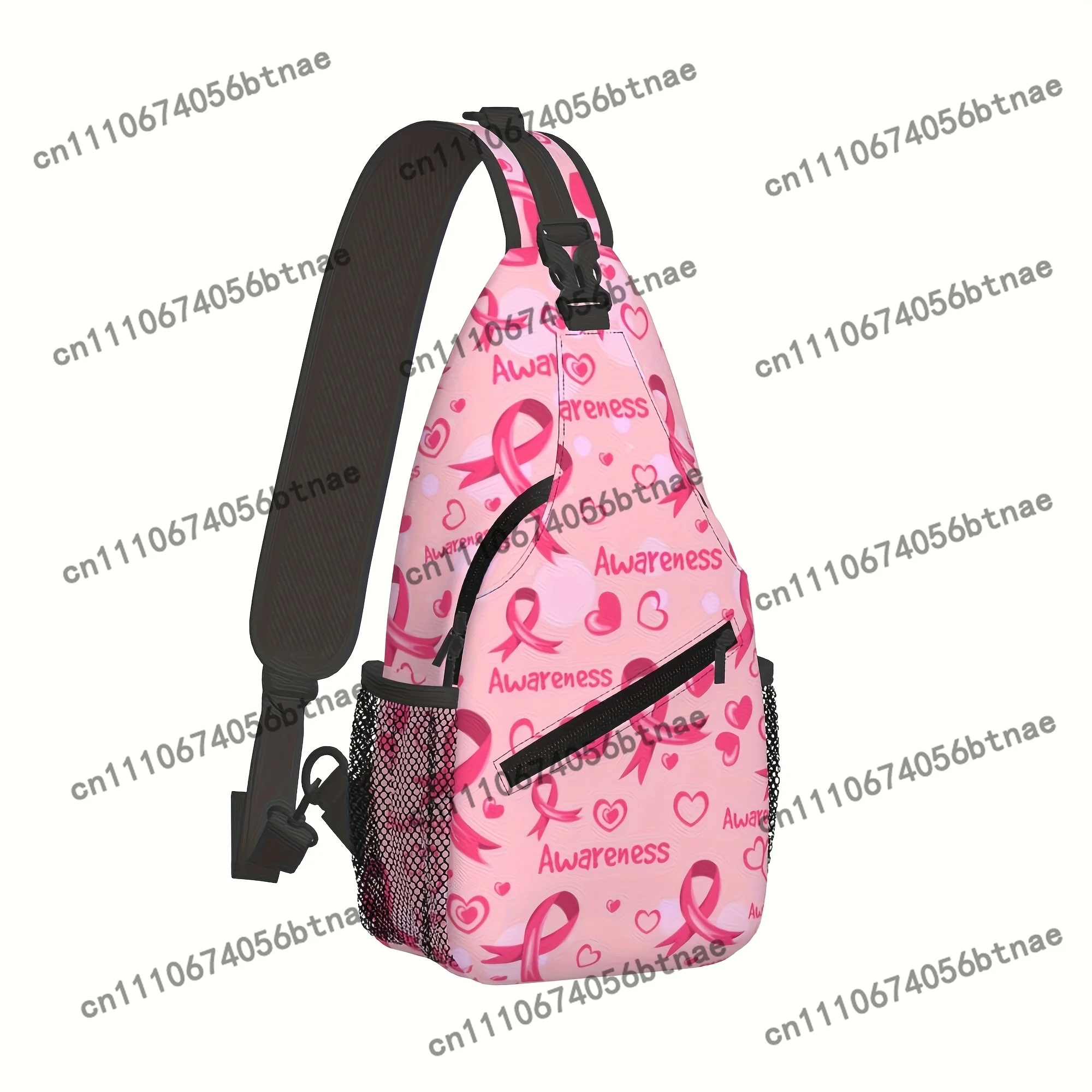 Pink Ribbon Breast Cancer Heart Men's Sports Chest Bag, Can Be Closed Zipper, Convertible Shoulder Strap, Crossbody Bag, Sling B