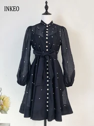 Luxury Women's Rhinestone shirt dress 2025 New Solid Puff sleeve dresses with sashes See-through Spring Summer INKEO 5D011