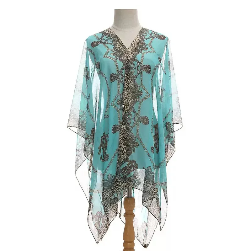 

Летний хит продаж, шелковый шарф, женское шифоновое пляжное полотенце с цепочкой и принтом, высококачественный солнцезащитный козырек в западном стиле и шаль для защиты от солнца