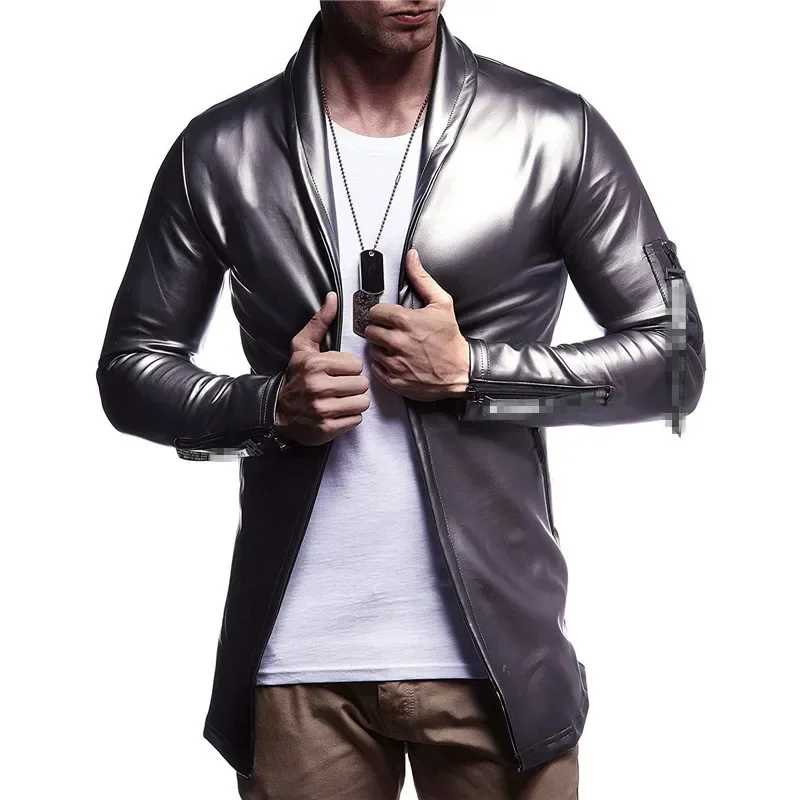 Hot Sale Night Club Men New Fashion Slim Fit Motorcycle Leather Golden/Silver Blazer Jacket Male Pu CMM221