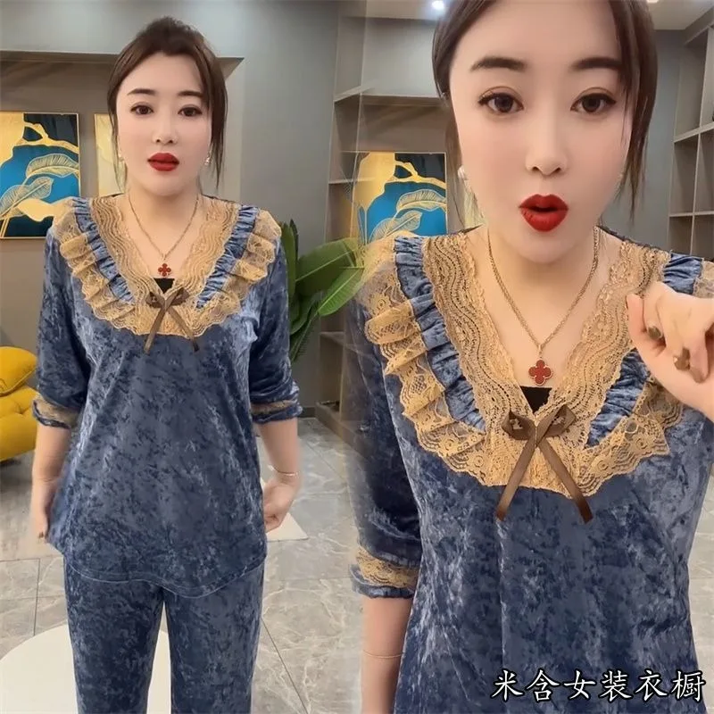New style Diamond velvet Loose and slim Lace long-sleeved two-piece set loungewear Can be worn outside Spring autumn winter