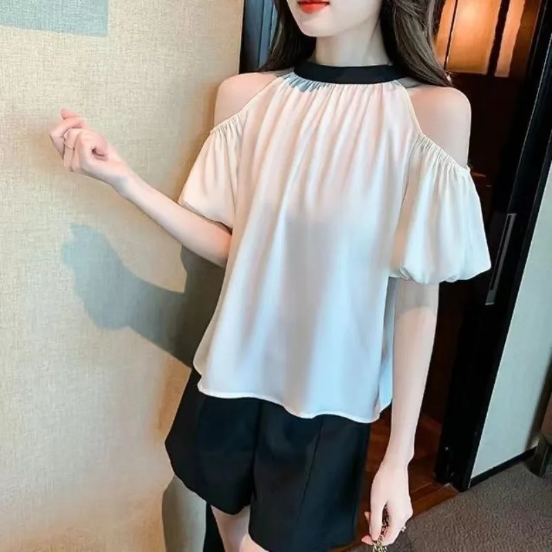 Fashionable Sweet Summer New Shirts Women\'s Spliced Solid Ruched Round Neck Off-the-shoulder Loose Short Sleeve Chiffon Blouses