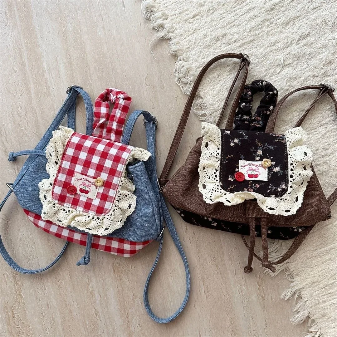 

Children's Backpack for Girls Denim Cute Lace Checkered Floral Small Kids Shoulder Fashion Bag