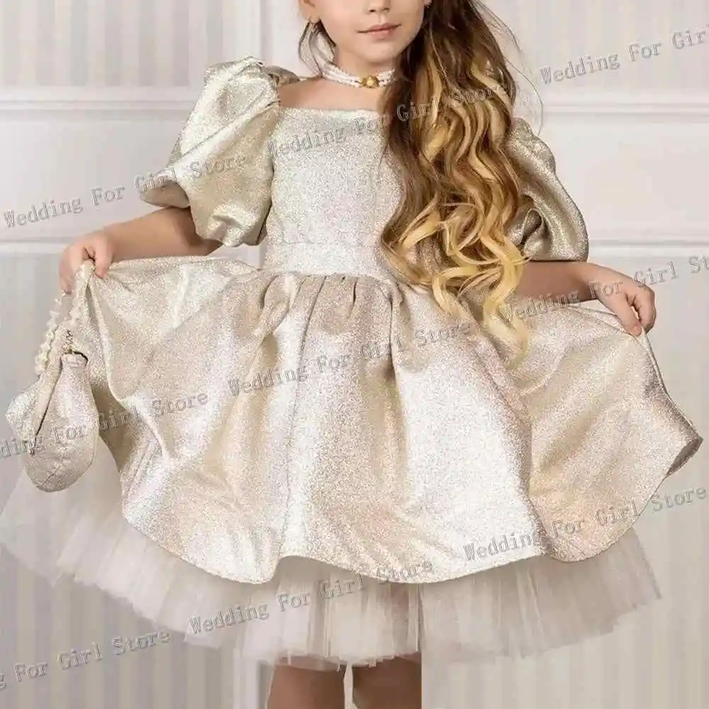 

Sparkly Princess Flower Girl Dresses Puffy Balloon Sleeve Girl Pageant Dress Little Kids Off Shoulder First Communion Kids Dress