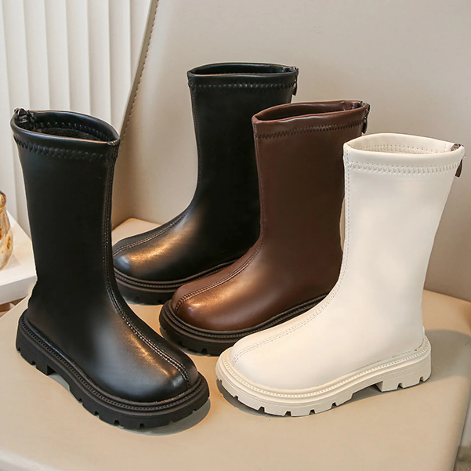 

Ковбойские сапоги до середины икры для девочек, теплые зимние ботильоны на плюшевой подкладке, плоская толстая нескользящая подошва, толстая подошва, рождественский подарок