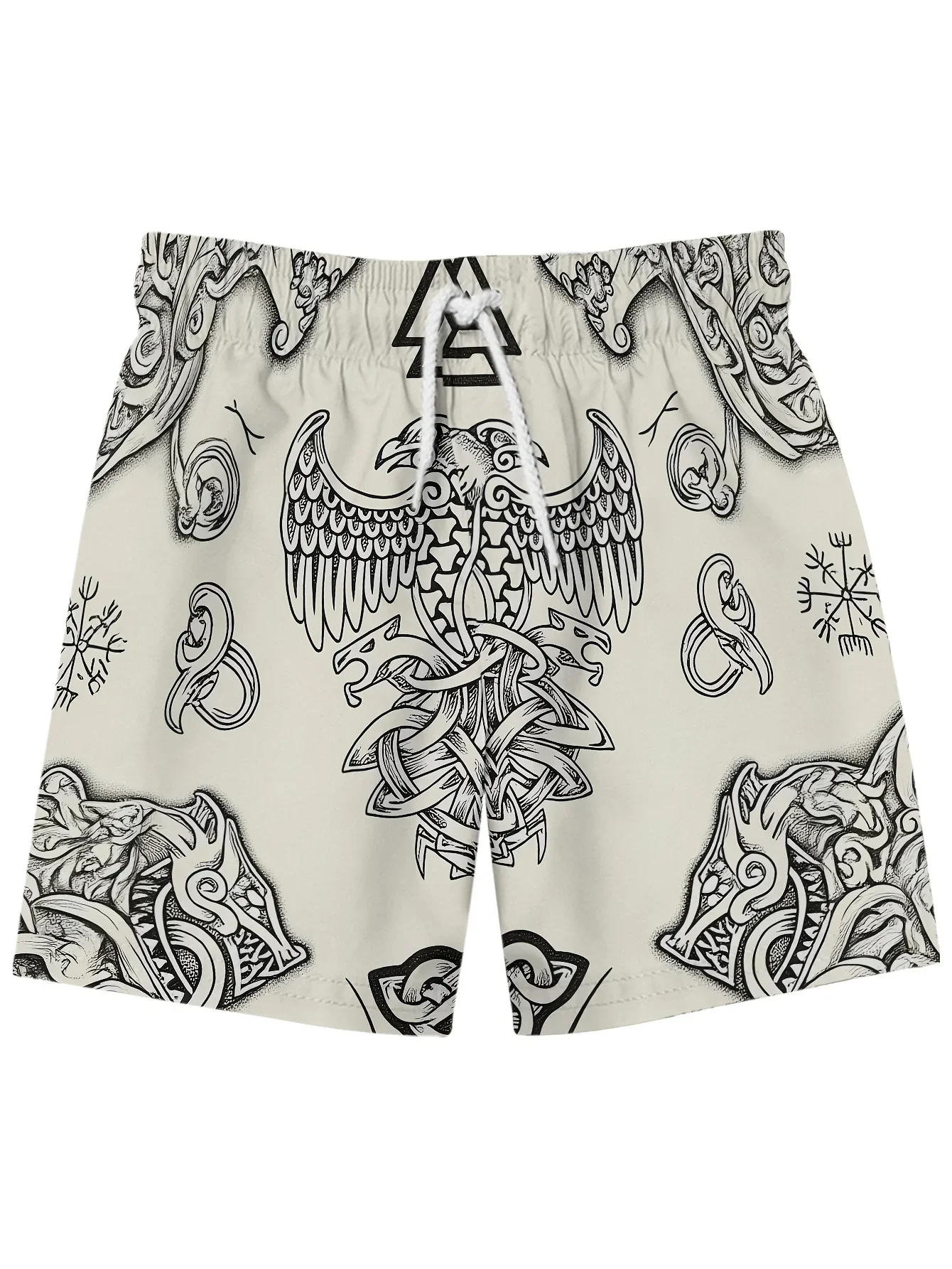 Plus-size men's Hawaiian retro Nordic raven print swim trunks perfect for summer beach trips yacht parties, tiki bars and hiking