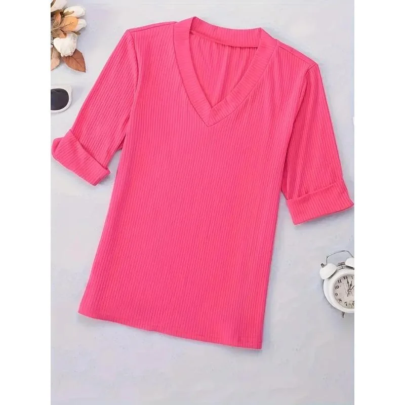 Summer Plus Size Casual V-neck Women's T-shirt Fashionable Solid Color Micro Elastic Women's Short Sleeved Top