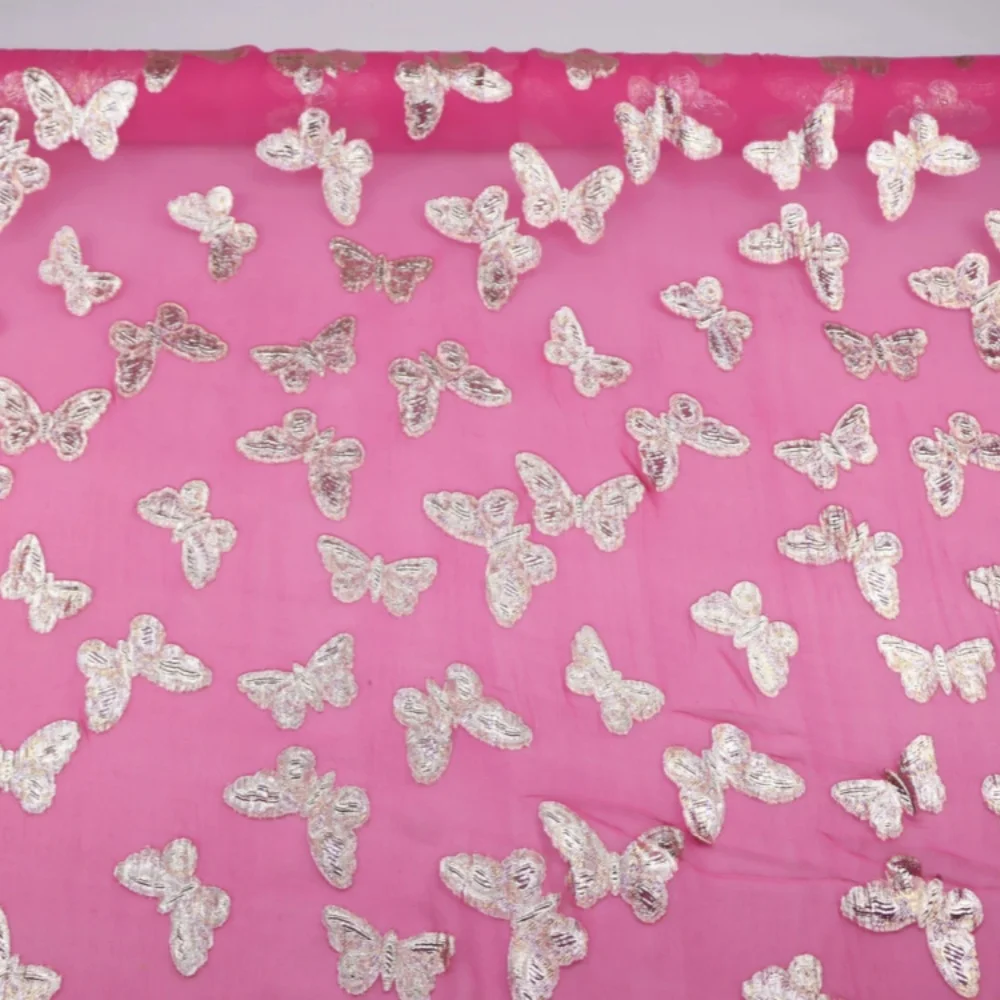 Breathable Pink Base Gold Butterfly Shiny Light Weight Silk Metallic Fabric for Women Lady Dress Clothes Hanfu Saree Cheongsam