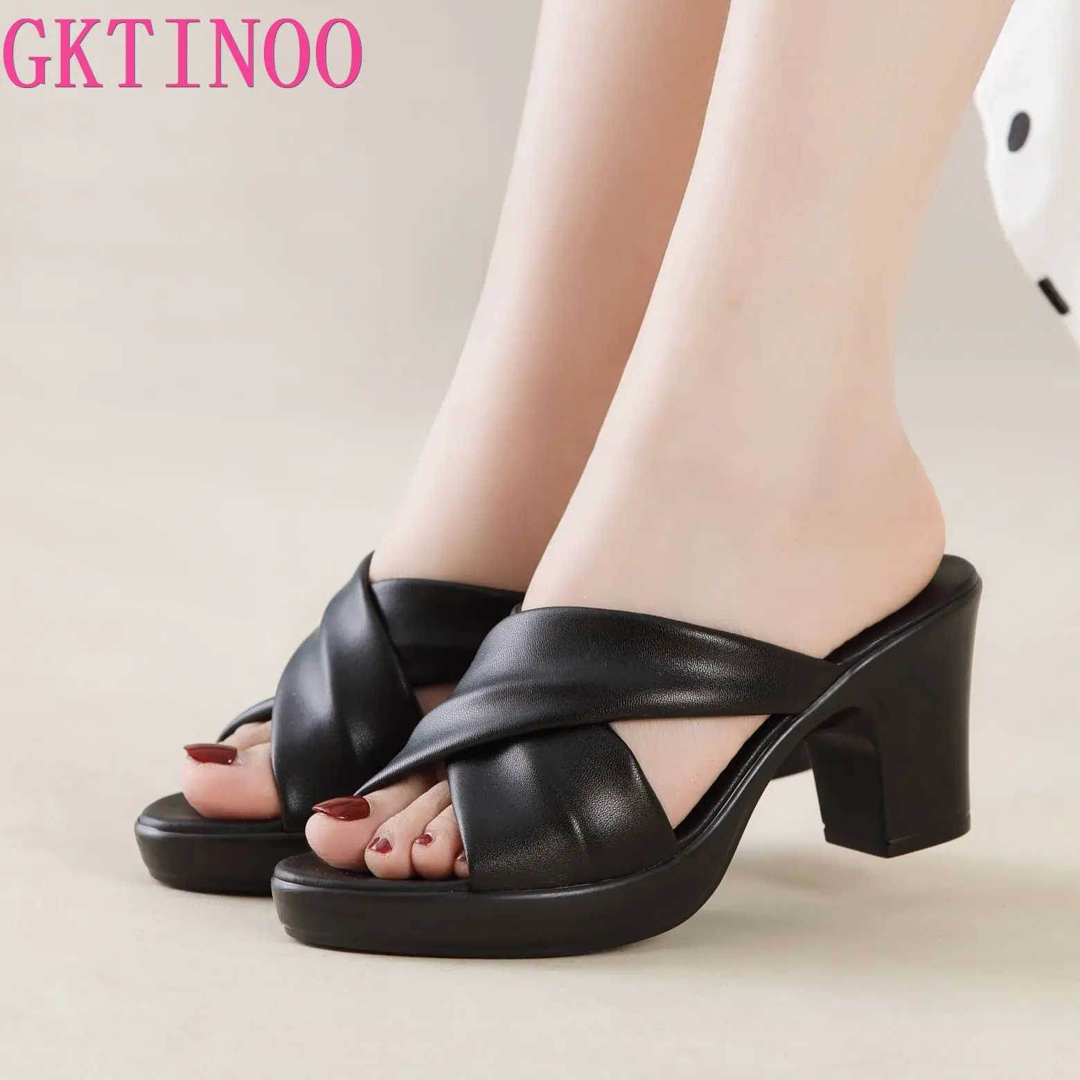 GKTINOO 2024 New Genuine Leather Thick Heels Outside Slippers Summer Shoes Fashion High Heel Casual Sandals Large Size Flip Flop