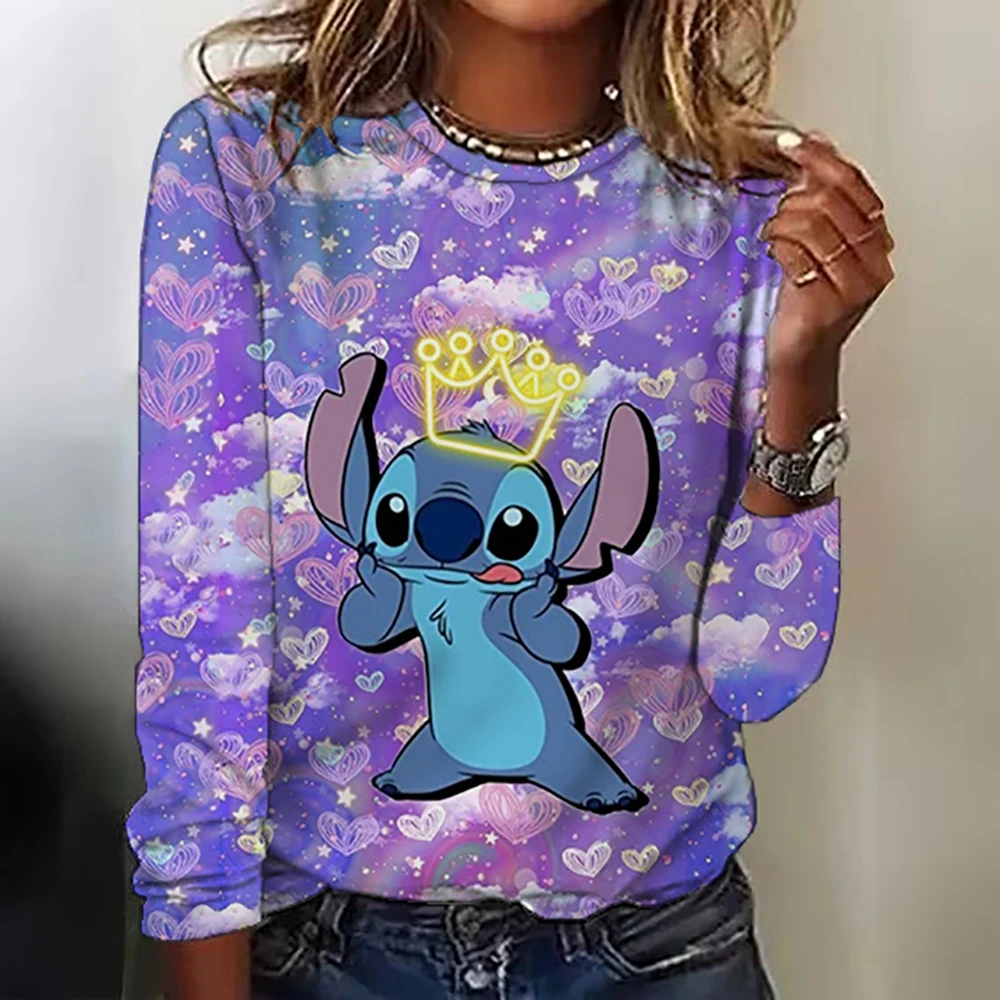 Kawaii Lilo Stitch Print Women's T-shirt Women's Long Sleeve T-shirt Casual O-Neck Ohana Stitch Disney T-shirt